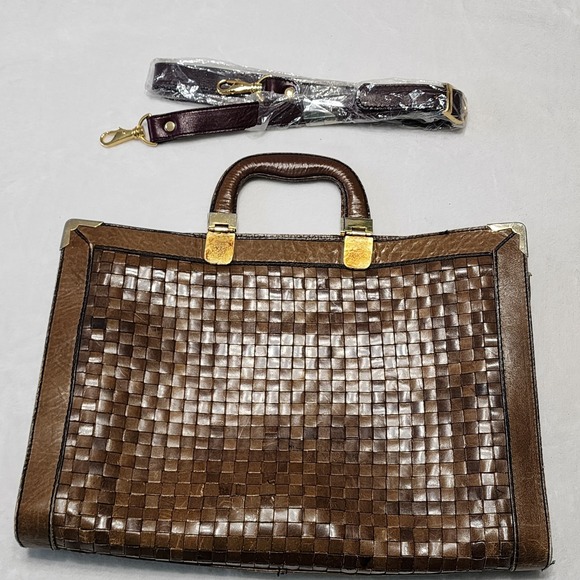 Handbags - Vintage Genuine Leather Bag Woven Grid Brown Boho Briefcase Gold Tone 70s Lined